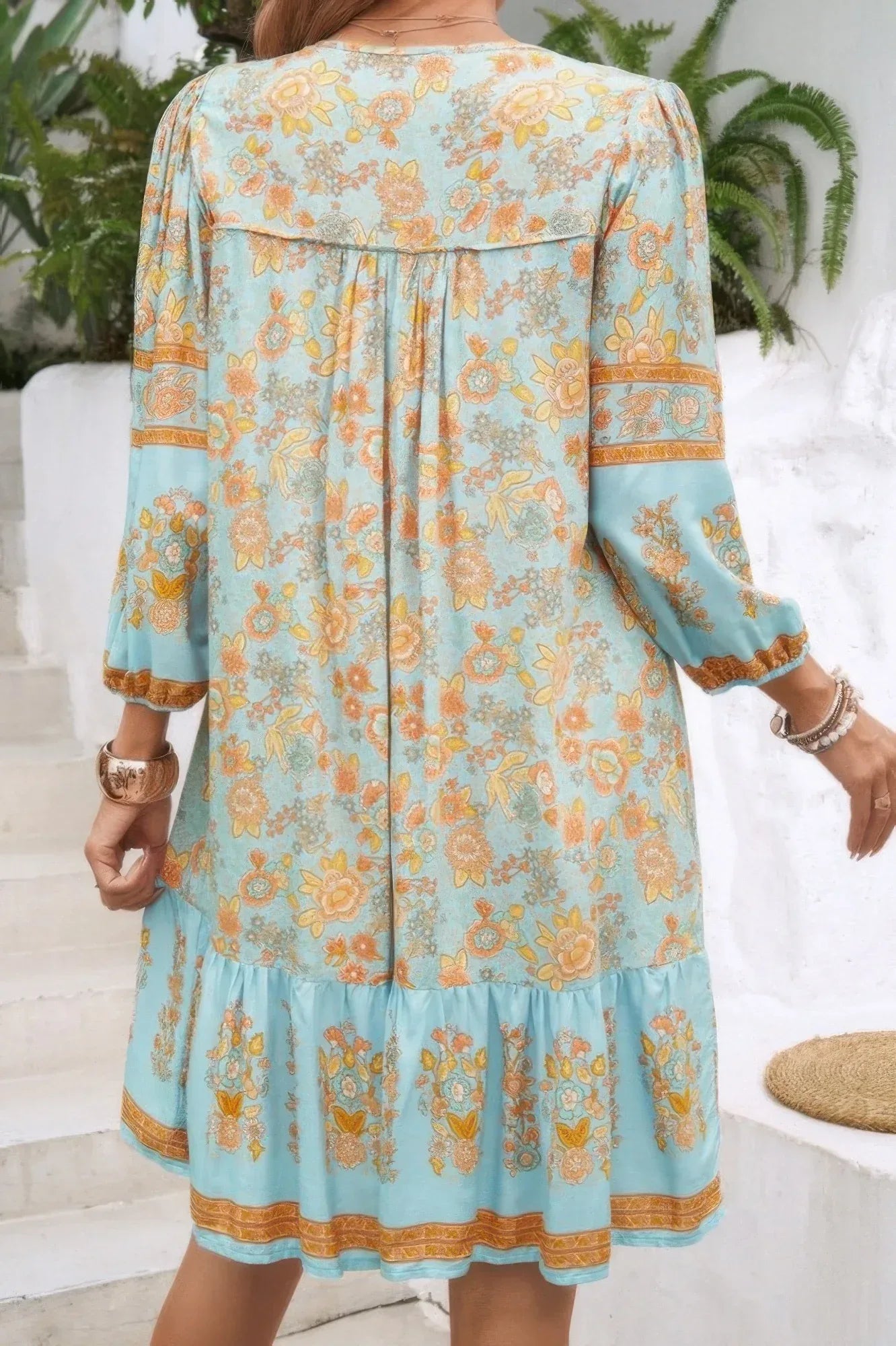 Ruched Bohe Print V Neck Ruffle Hem Tassel Dress | Mixtshop LLC