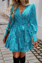 Ruffled Printed Surplice Long Sleeve Mini Dress | Mixtshop LLC