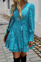Ruffled Printed Surplice Long Sleeve Mini Dress | Mixtshop LLC