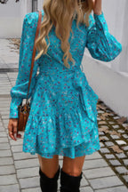 Ruffled Printed Surplice Long Sleeve Mini Dress | Mixtshop LLC
