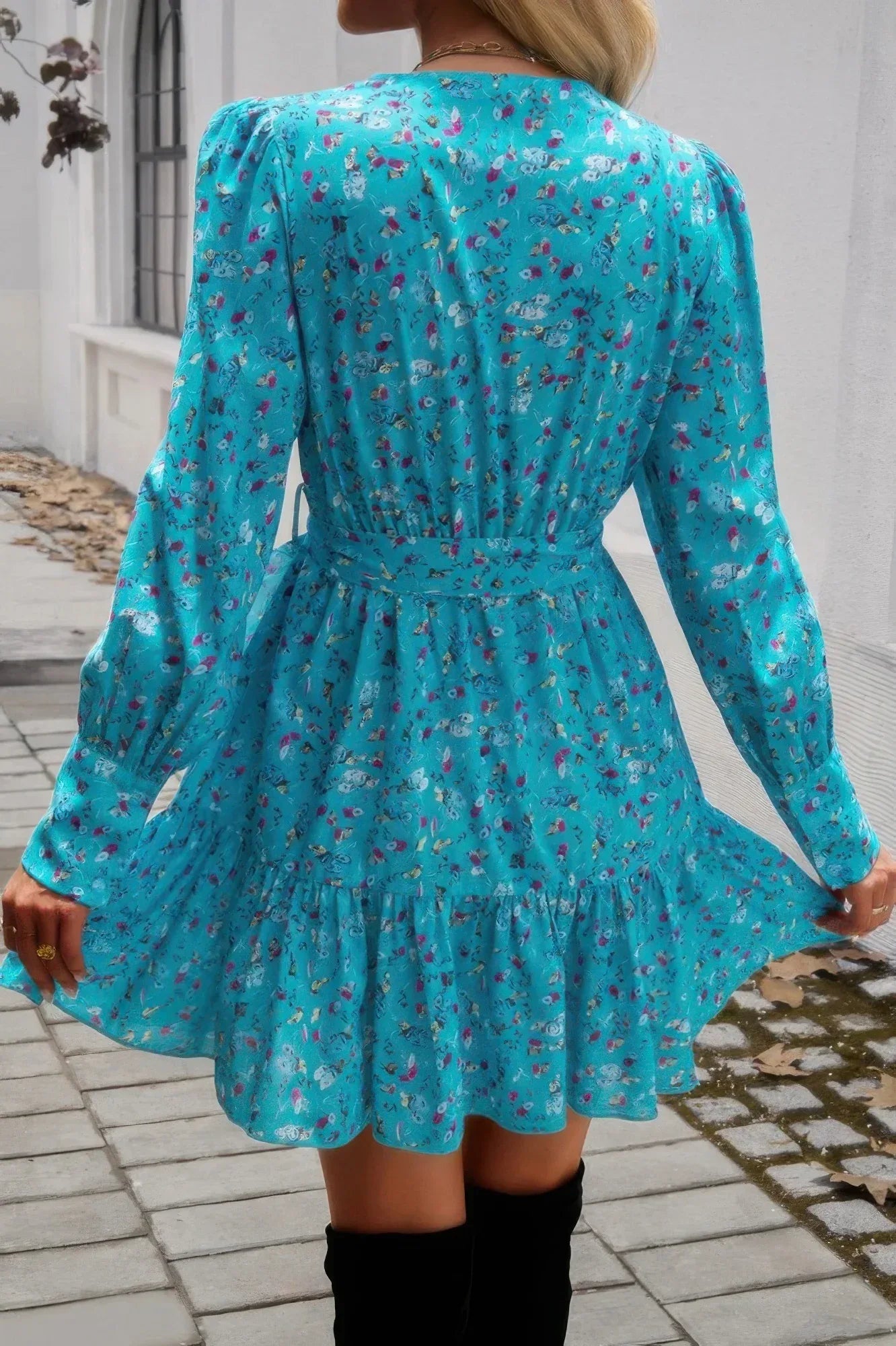 Ruffled Printed Surplice Long Sleeve Mini Dress | Mixtshop LLC