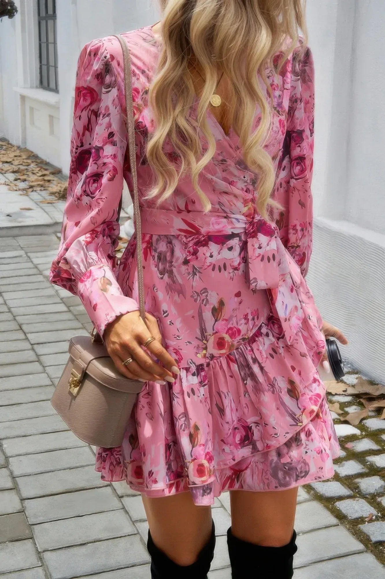 Ruffled Printed Surplice Long Sleeve Mini Dress | Mixtshop LLC