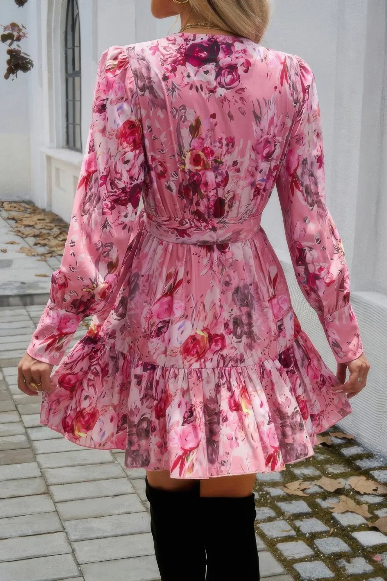 Ruffled Printed Surplice Long Sleeve Mini Dress | Mixtshop LLC