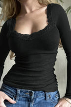 Square Neck Lace Trim Patchwork Slim Fit Shirt | Mixtshop LLC