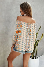 Boho Print Off Shoulder Long Sleeve Knot Front Blouse | Mixtshop LLC