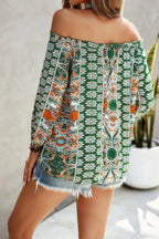 Boho Print Off Shoulder Long Sleeve Knot Front Blouse | Mixtshop LLC
