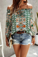 Boho Print Off Shoulder Long Sleeve Knot Front Blouse | Mixtshop LLC