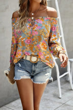 Boho Print Off Shoulder Long Sleeve Knot Front Blouse | Mixtshop LLC
