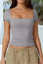 Square Neck Fit Elastic Short Sleeves Shirt | Mixtshop LLC