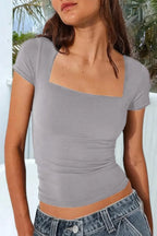 Square Neck Fit Elastic Short Sleeves Shirt | Mixtshop LLC