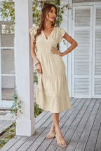 V Neck Flutter Sleeve Ruffle Hem Layered Dress | Mixtshop LLC