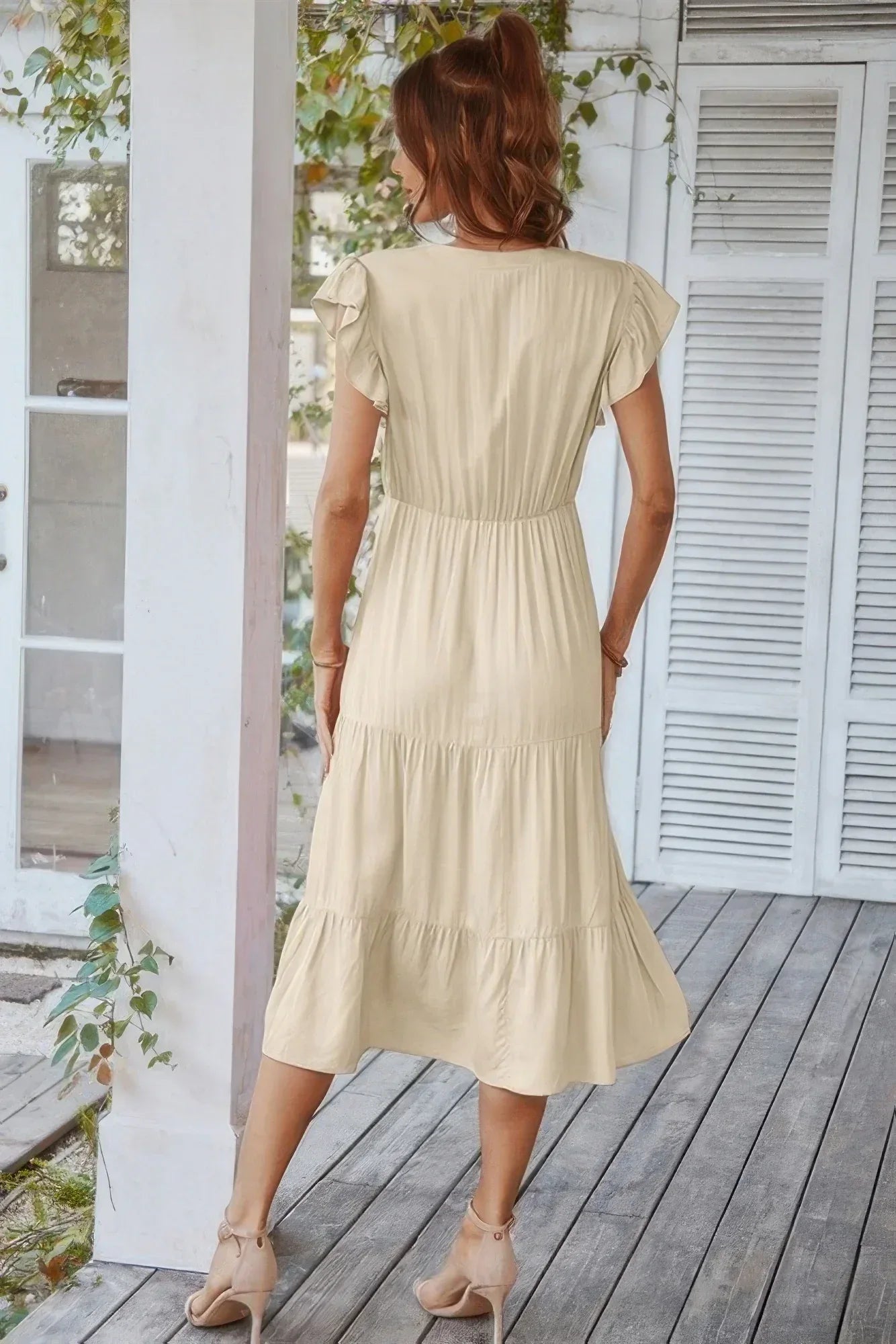 V Neck Flutter Sleeve Ruffle Hem Layered Dress | Mixtshop LLC