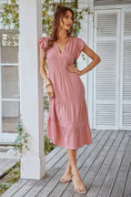 V Neck Flutter Sleeve Ruffle Hem Layered Dress | Mixtshop LLC