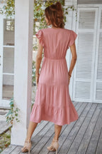 V Neck Flutter Sleeve Ruffle Hem Layered Dress | Mixtshop LLC