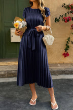 Solid Pleated Belt Short Puff Sleeves Fit Dress | Mixtshop LLC