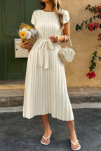 Solid Pleated Belt Short Puff Sleeves Fit Dress | Mixtshop LLC