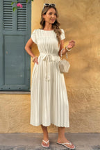 Solid Pleated Belt Short Puff Sleeves Fit Dress | Mixtshop LLC