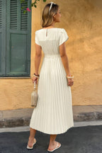 Solid Pleated Belt Short Puff Sleeves Fit Dress | Mixtshop LLC
