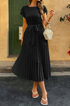 Solid Pleated Belt Short Puff Sleeves Fit Dress | Mixtshop LLC