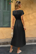 Solid Pleated Belt Short Puff Sleeves Fit Dress | Mixtshop LLC