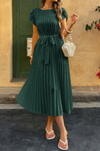 Solid Pleated Belt Short Puff Sleeves Fit Dress | Mixtshop LLC