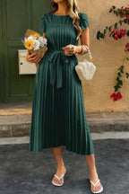 Solid Pleated Belt Short Puff Sleeves Fit Dress | Mixtshop LLC
