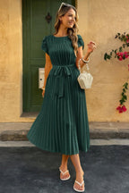 Solid Pleated Belt Short Puff Sleeves Fit Dress | Mixtshop LLC