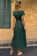 Solid Pleated Belt Short Puff Sleeves Fit Dress | Mixtshop LLC