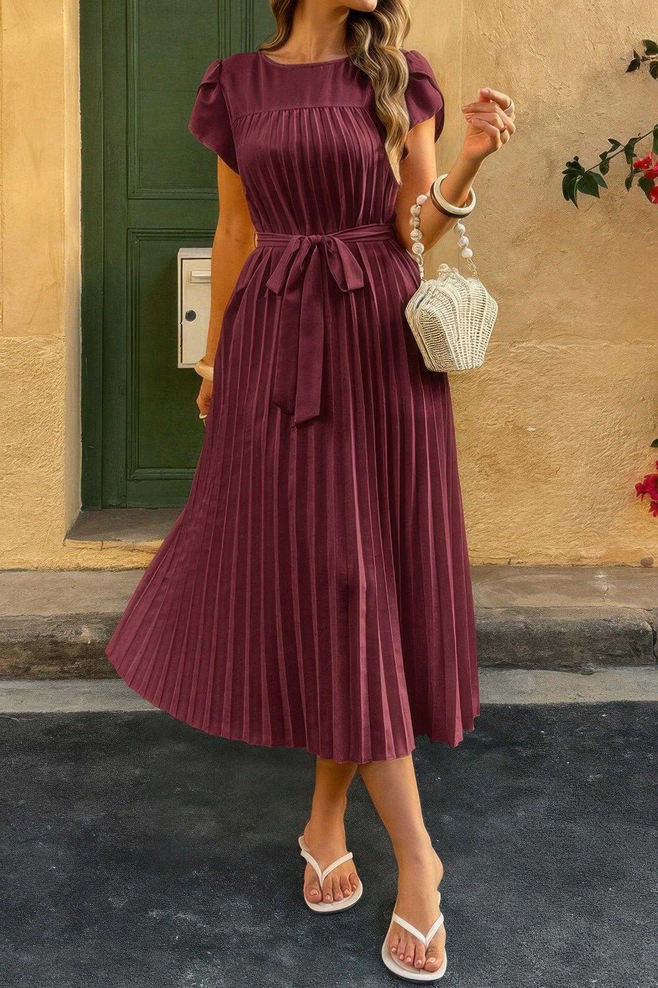 Solid Pleated Belt Short Puff Sleeves Fit Dress | Mixtshop LLC