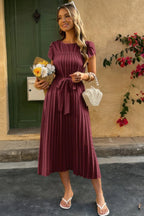 Solid Pleated Belt Short Puff Sleeves Fit Dress | Mixtshop LLC