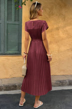 Solid Pleated Belt Short Puff Sleeves Fit Dress | Mixtshop LLC