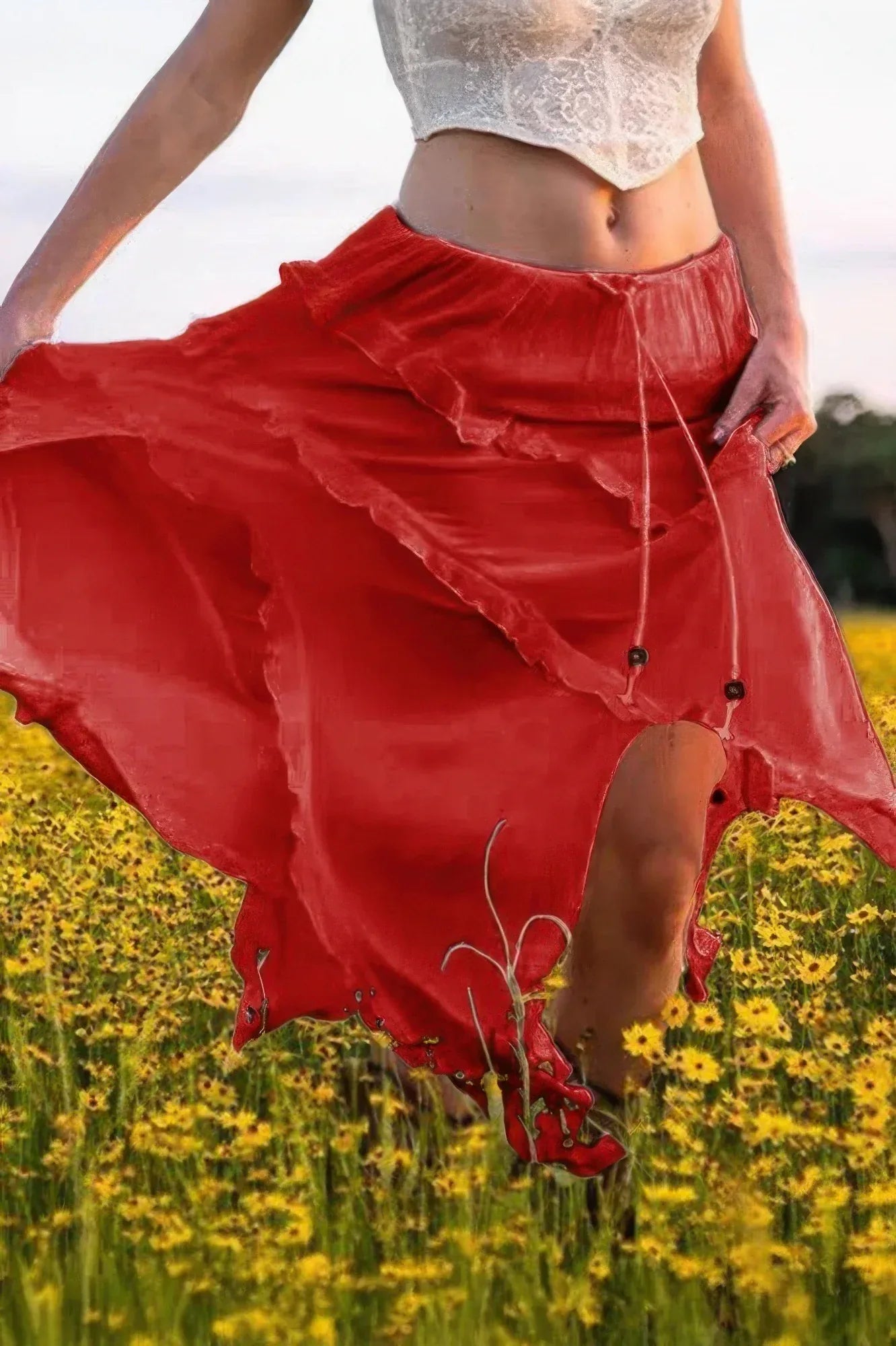 Solid Ruffle Drawstring Waist Asymmetry Hem Skirt | Mixtshop LLC