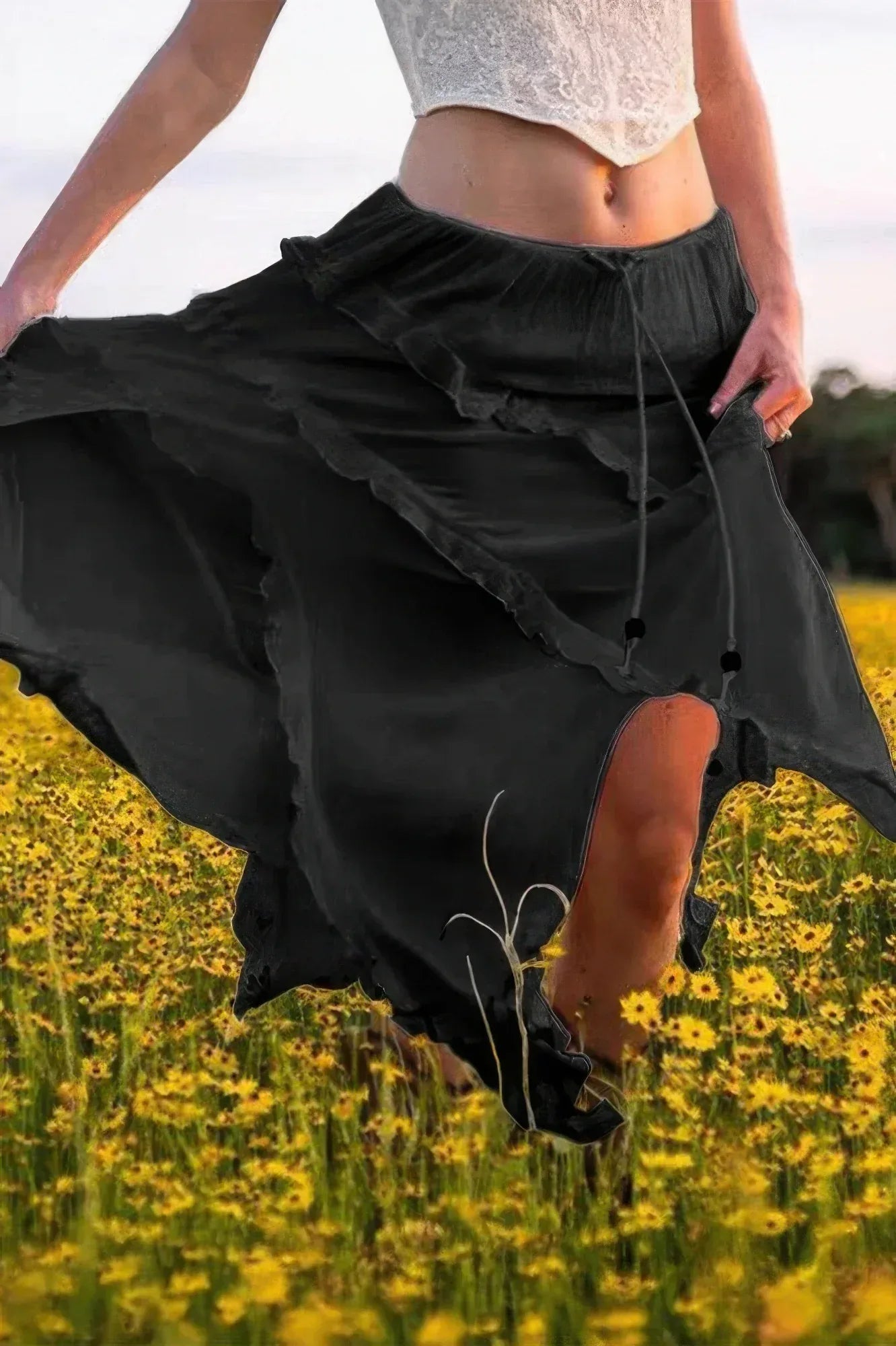 Solid Ruffle Drawstring Waist Asymmetry Hem Skirt | Mixtshop LLC