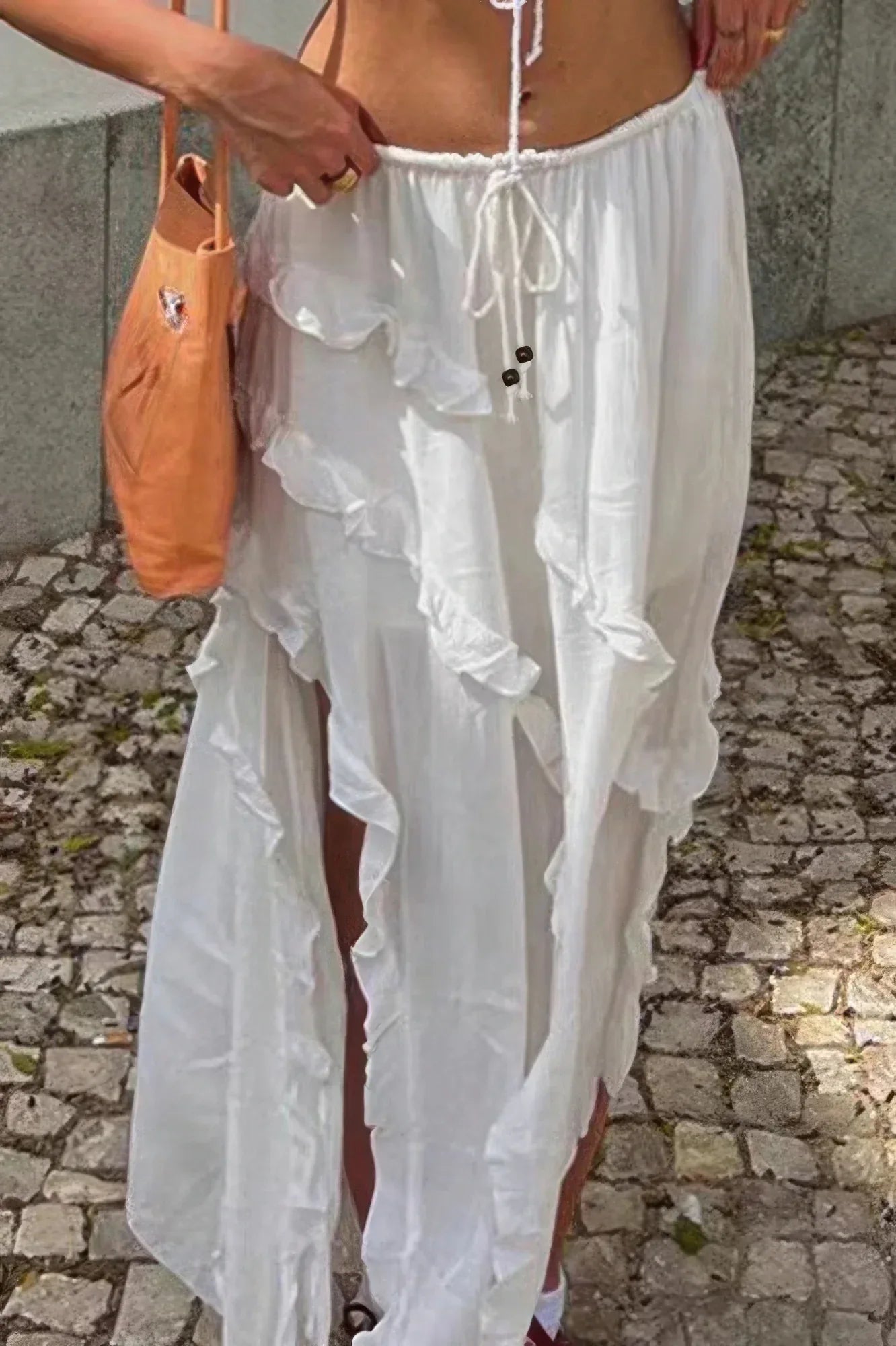 Solid Ruffle Drawstring Waist Asymmetry Hem Skirt | Mixtshop LLC