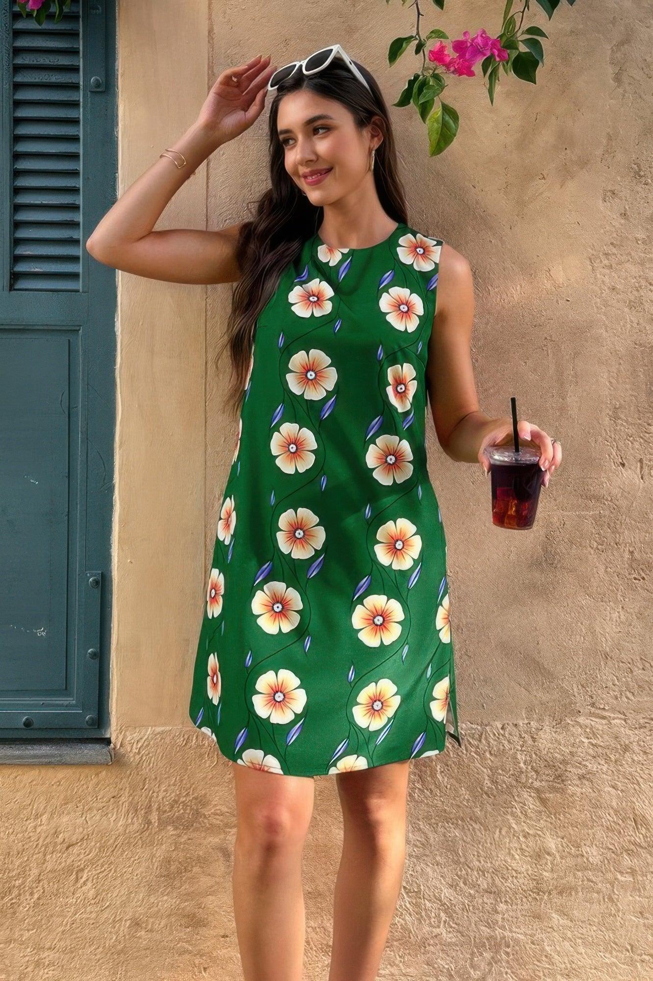 Round Neck Floral Print Sleeveless Loose Dress | Mixtshop LLC