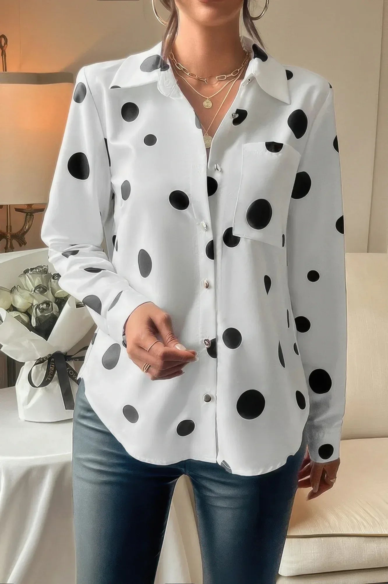 Dot Print Pocket Drop Shoulder Button Blouse | Mixtshop LLC