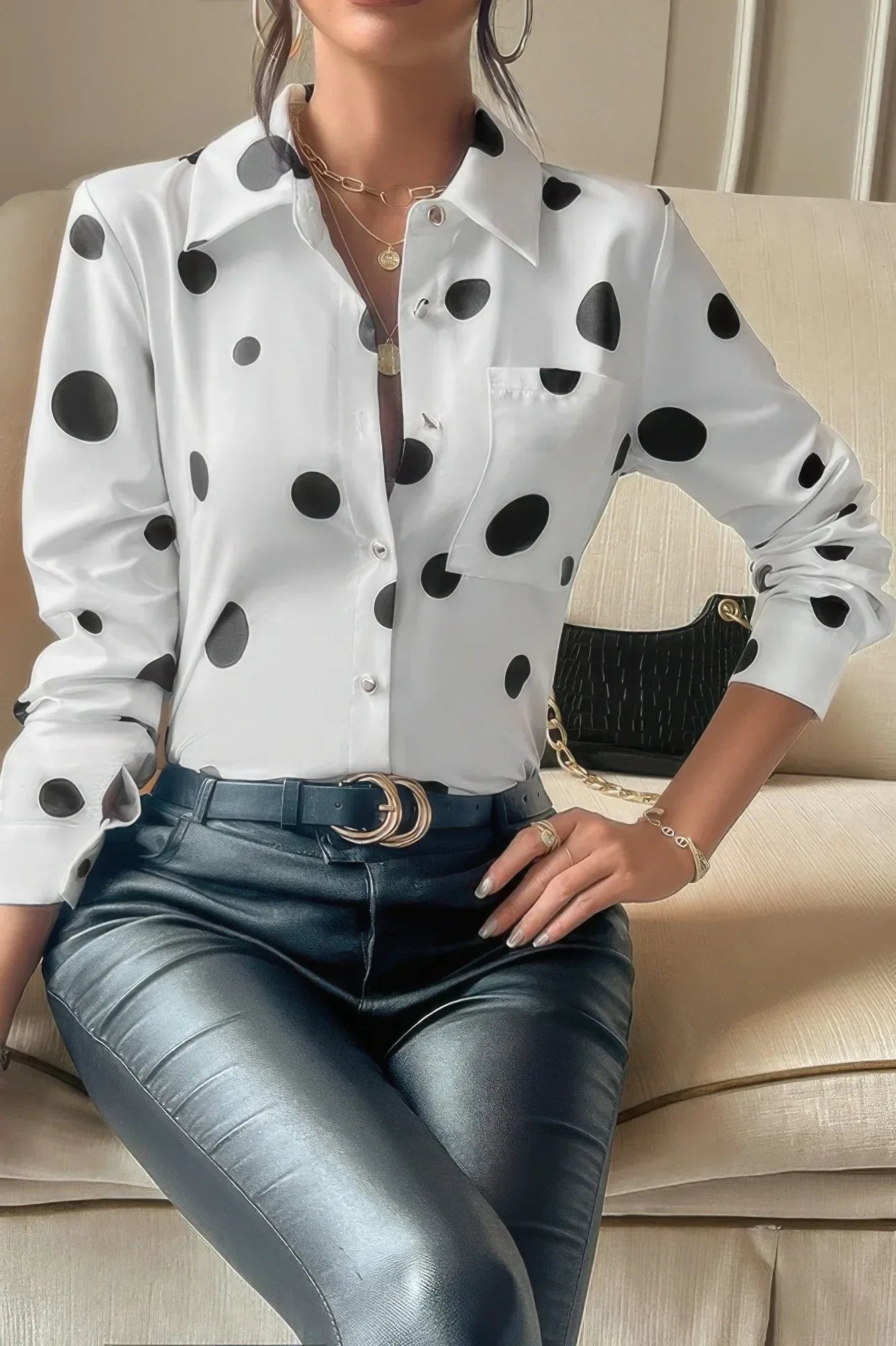 Dot Print Pocket Drop Shoulder Button Blouse | Mixtshop LLC