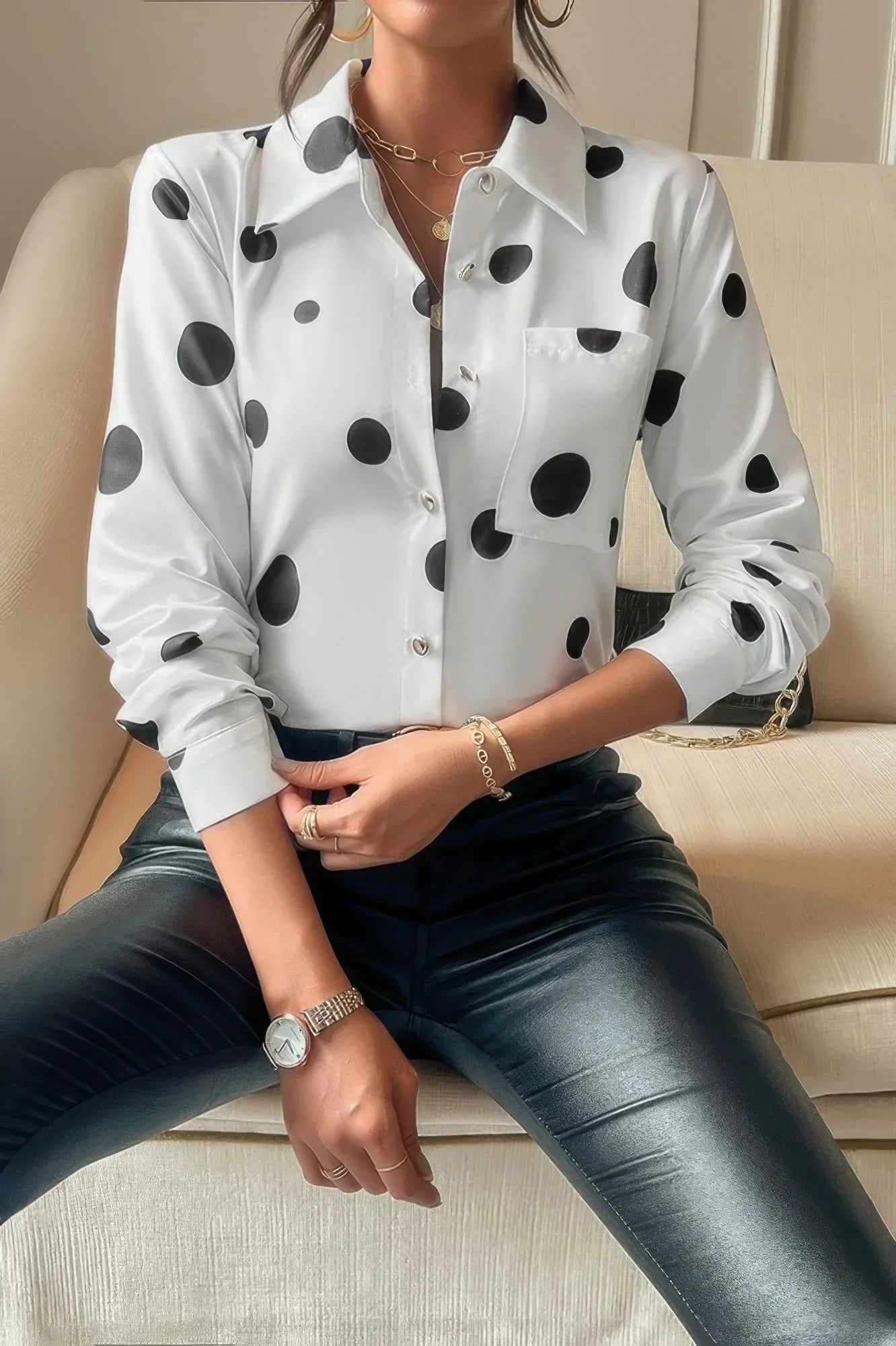 Dot Print Pocket Drop Shoulder Button Blouse | Mixtshop LLC