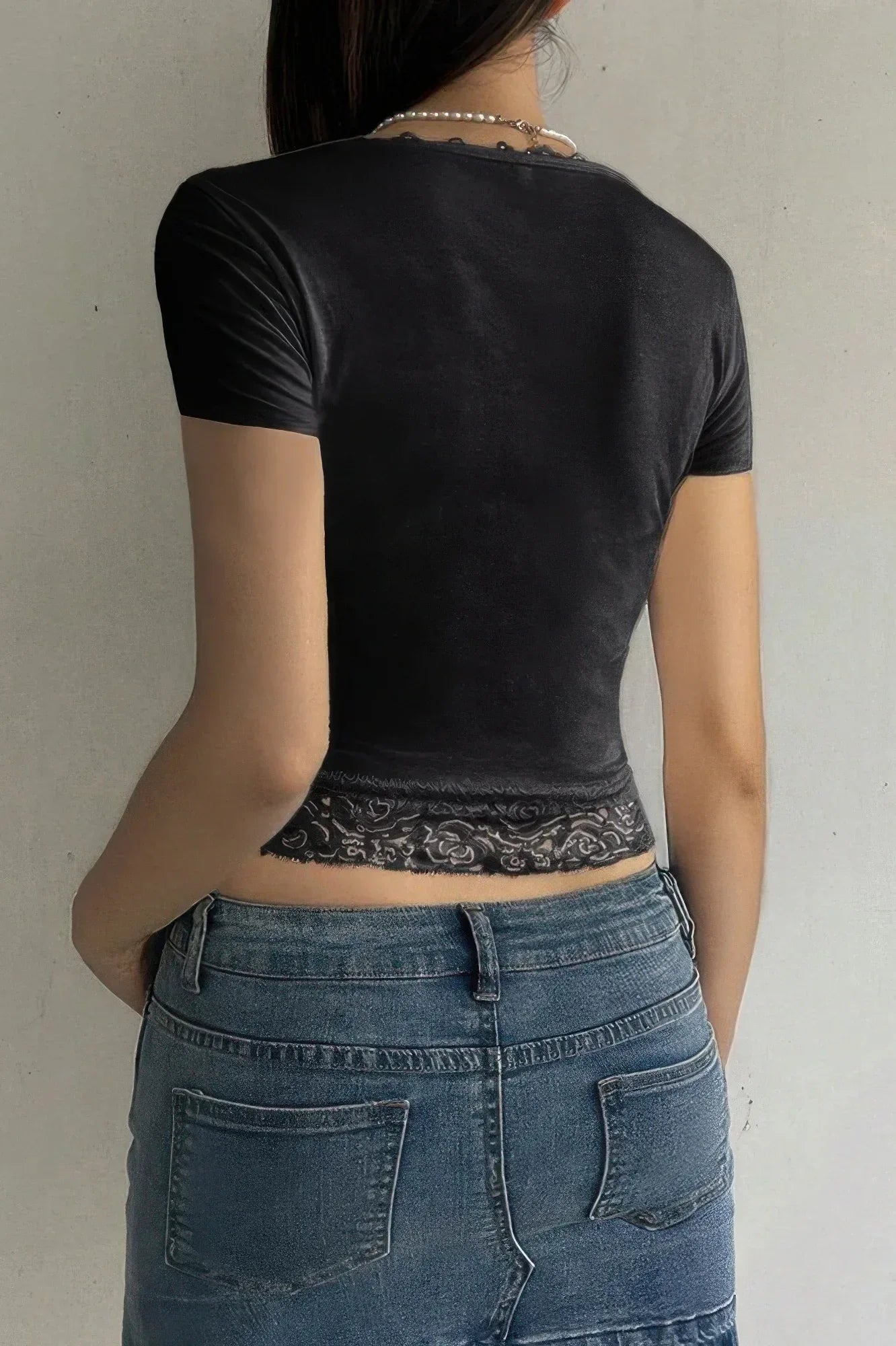 Square Neck Lace Trim High Waist Tee Secondary image