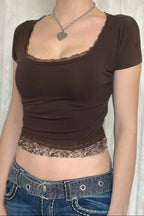 Square Neck Lace Trim High Waist Tee | Mixtshop LLC