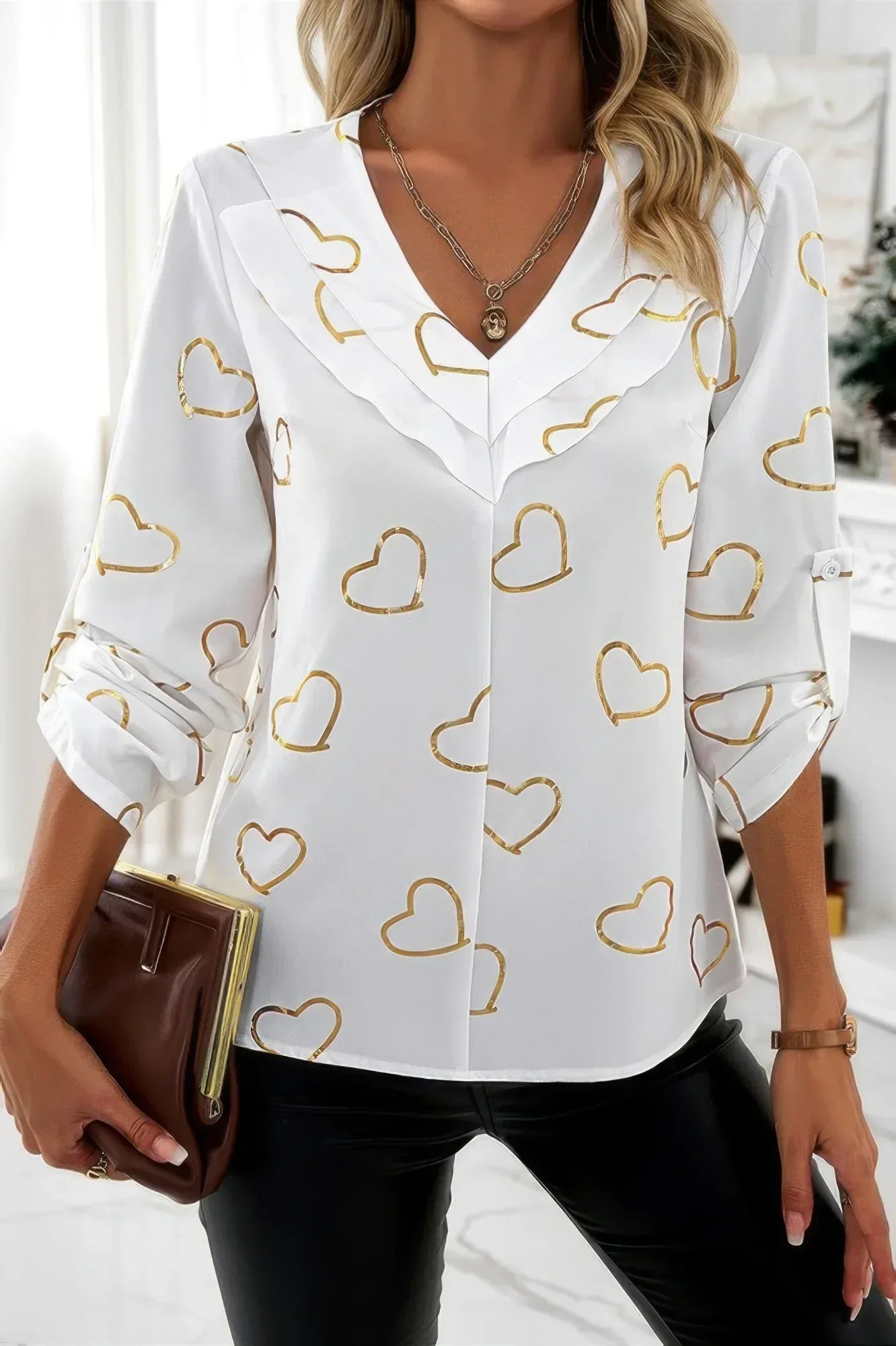 Color Black Heart Print V Neck Ruffle Loose Blouse | Mixtshop LLC Main image