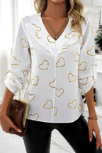 Color Black Heart Print V Neck Ruffle Loose Blouse | Mixtshop LLC