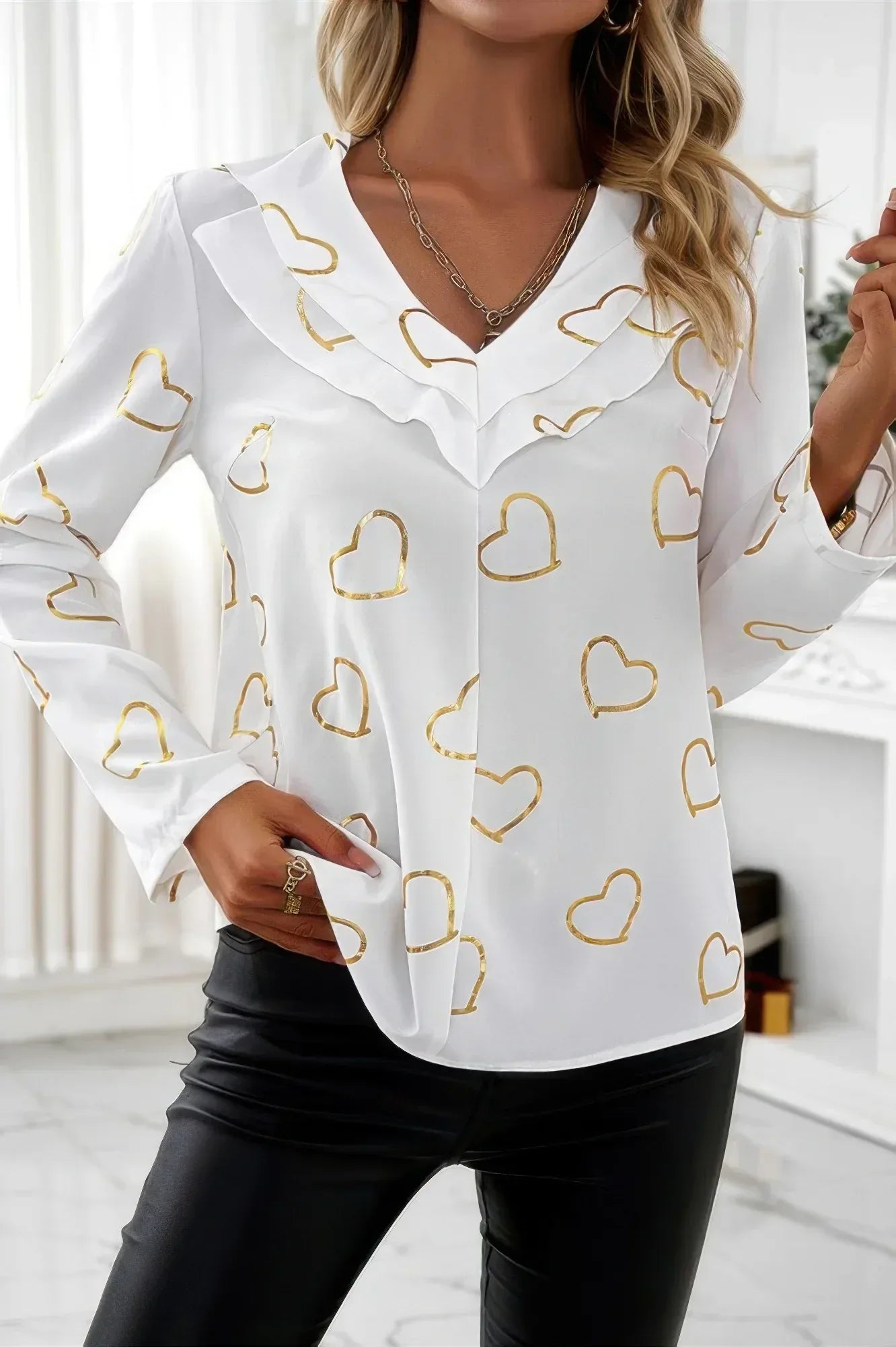 Color Black Heart Print V Neck Ruffle Loose Blouse Secondary image