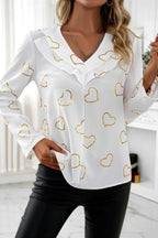 Color Black Heart Print V Neck Ruffle Loose Blouse | Mixtshop LLC