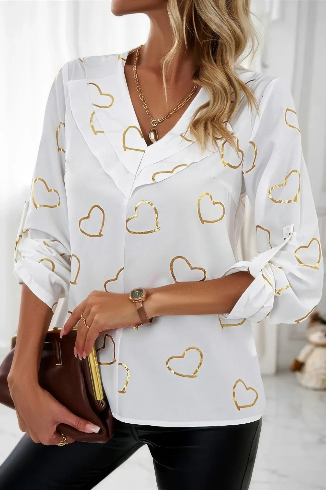 Color Black Heart Print V Neck Ruffle Loose Blouse | Mixtshop LLC