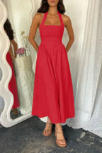 Halter Solid Pockets Sleeveless A Line Long Dress | Mixtshop LLC