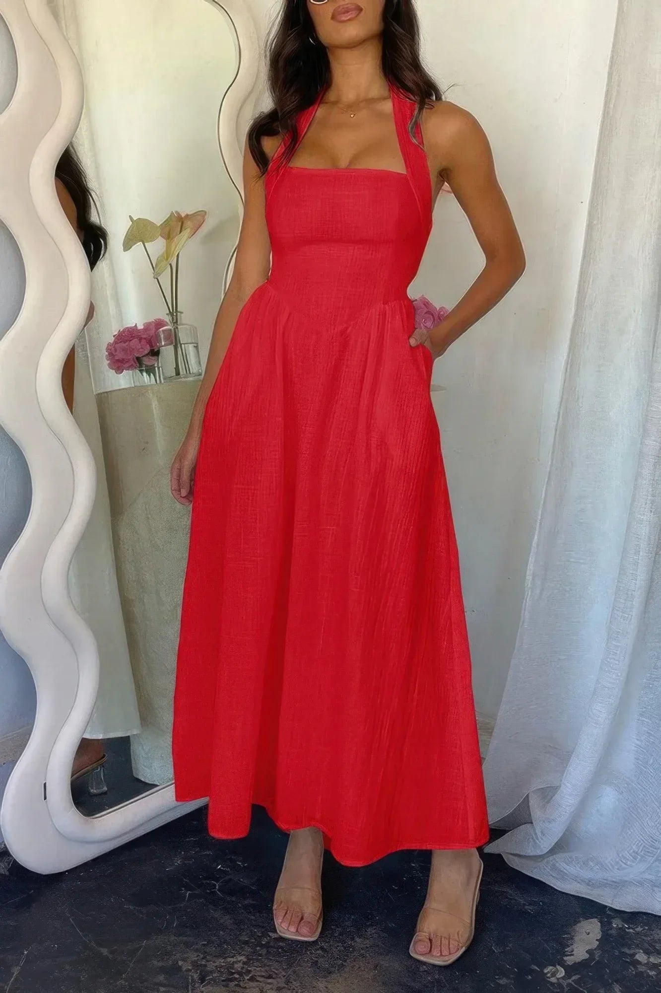Halter Solid Pockets Sleeveless A Line Long Dress | Mixtshop LLC