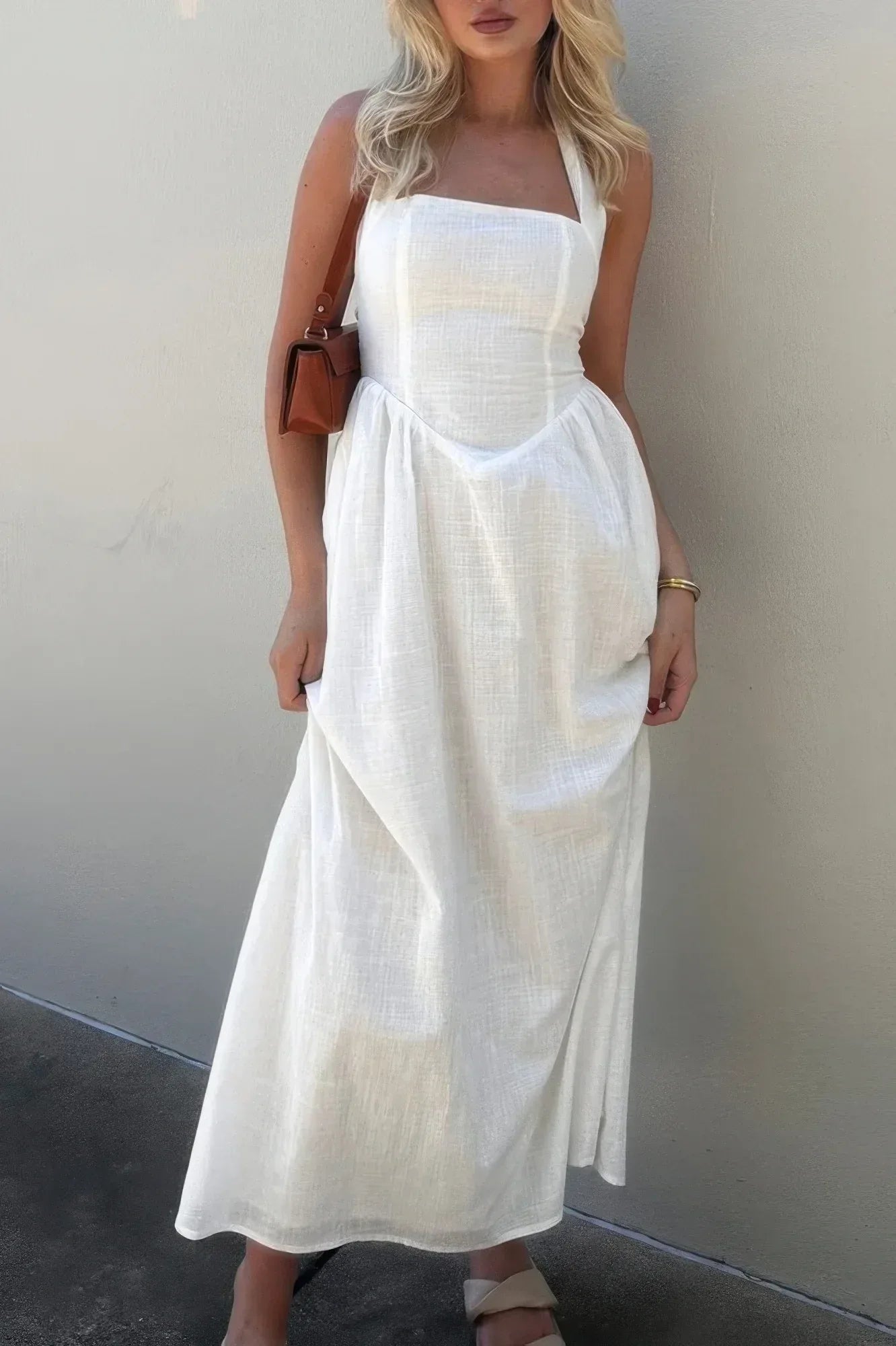 Halter Solid Pockets Sleeveless A Line Long Dress | Mixtshop LLC