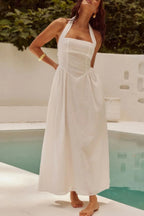 Halter Solid Pockets Sleeveless A Line Long Dress | Mixtshop LLC