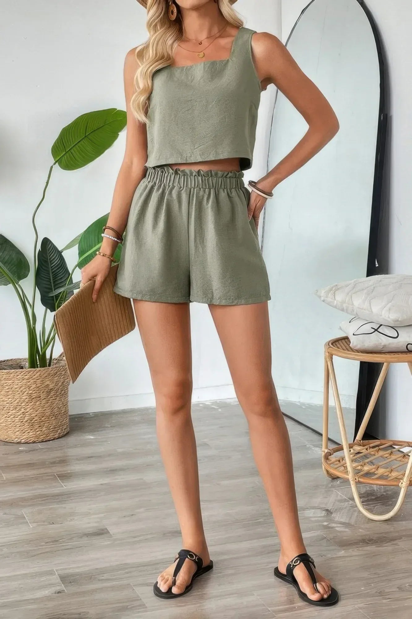 Two Pieces Solid Square Neck Elastic Waist Sets | Mixtshop LLC
